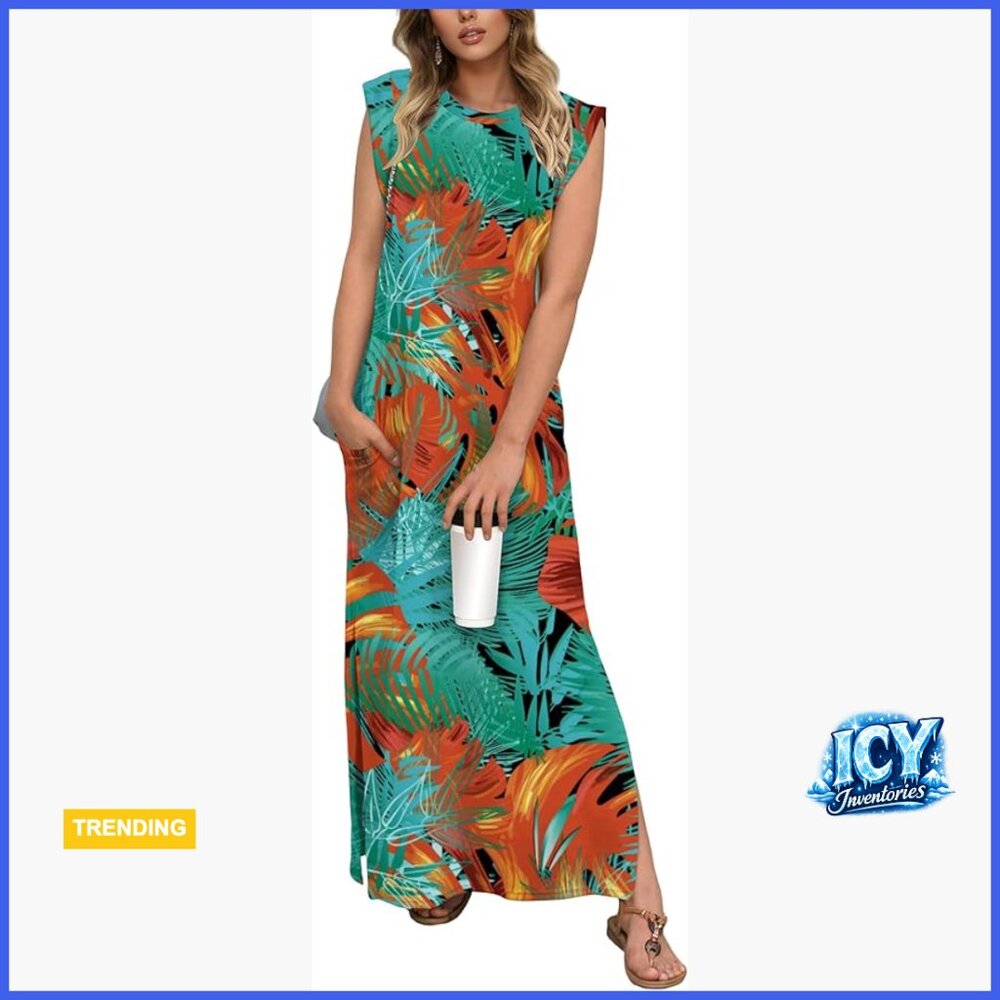 Polyester Spandex Maxi Dress with Pockets Casual Summer Sundress